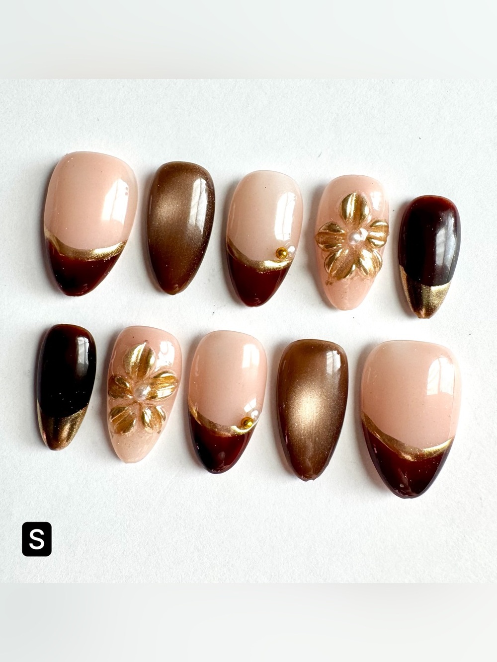 Nude & Chocolate Brown Floral Press-On Nails with Gold Accents